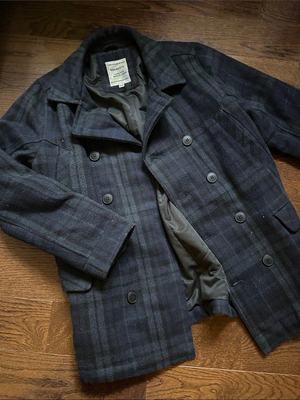 Plaid Double-Breasted Peacoat - Dark Navy/Black